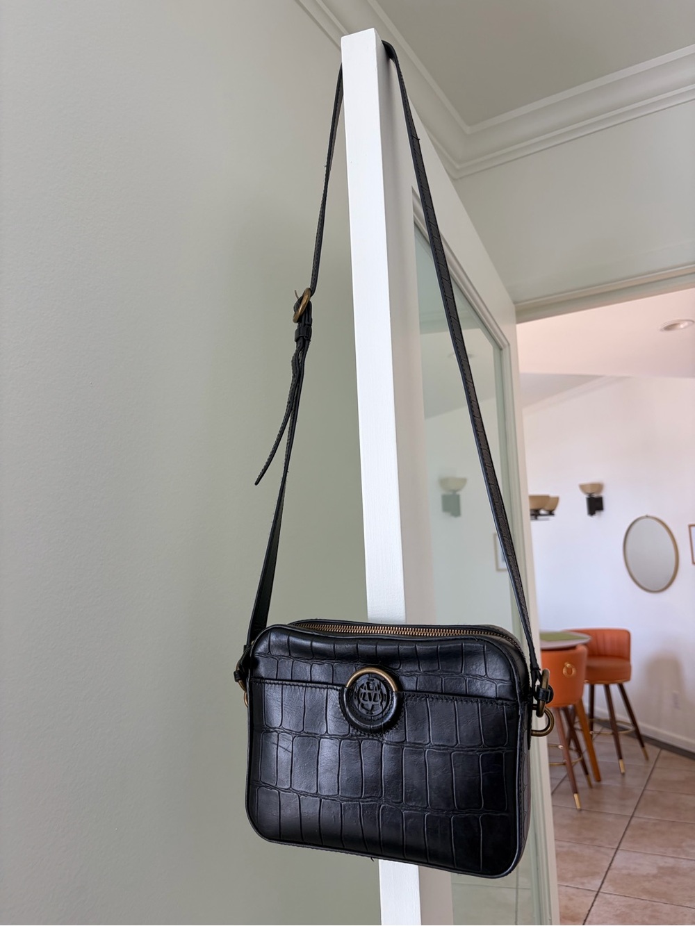 Black Croc-Embossed Leather Crossbody Bag